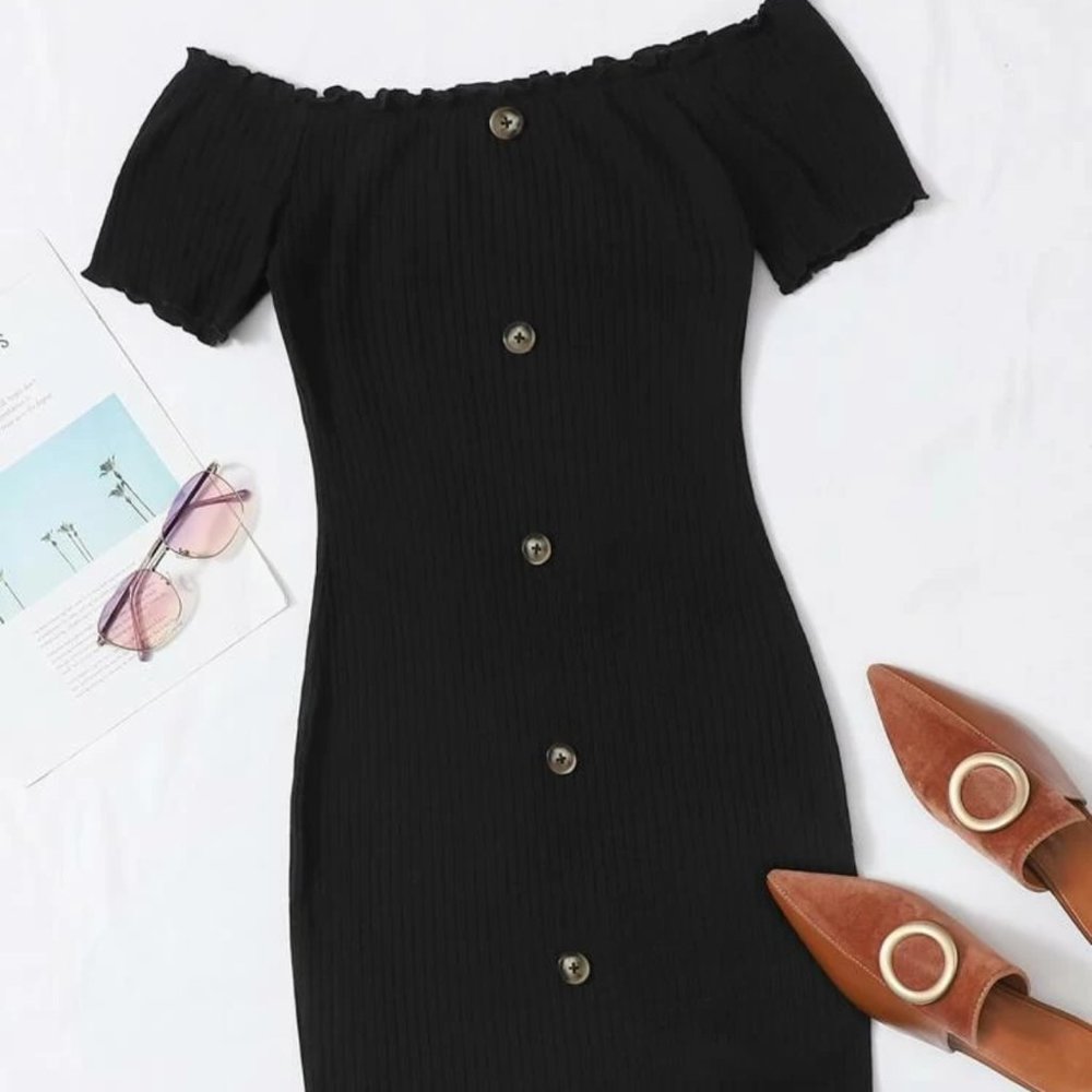 Off Shoulder Button Front Lettuce Edge Dress